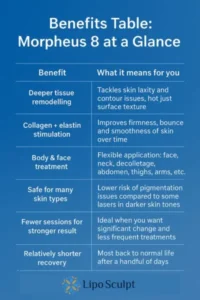 How Often Can I have Morpheus 8? 3 Table showing the benefits of Morpheus 8 treatment from Lipo Sculpt East Sussex